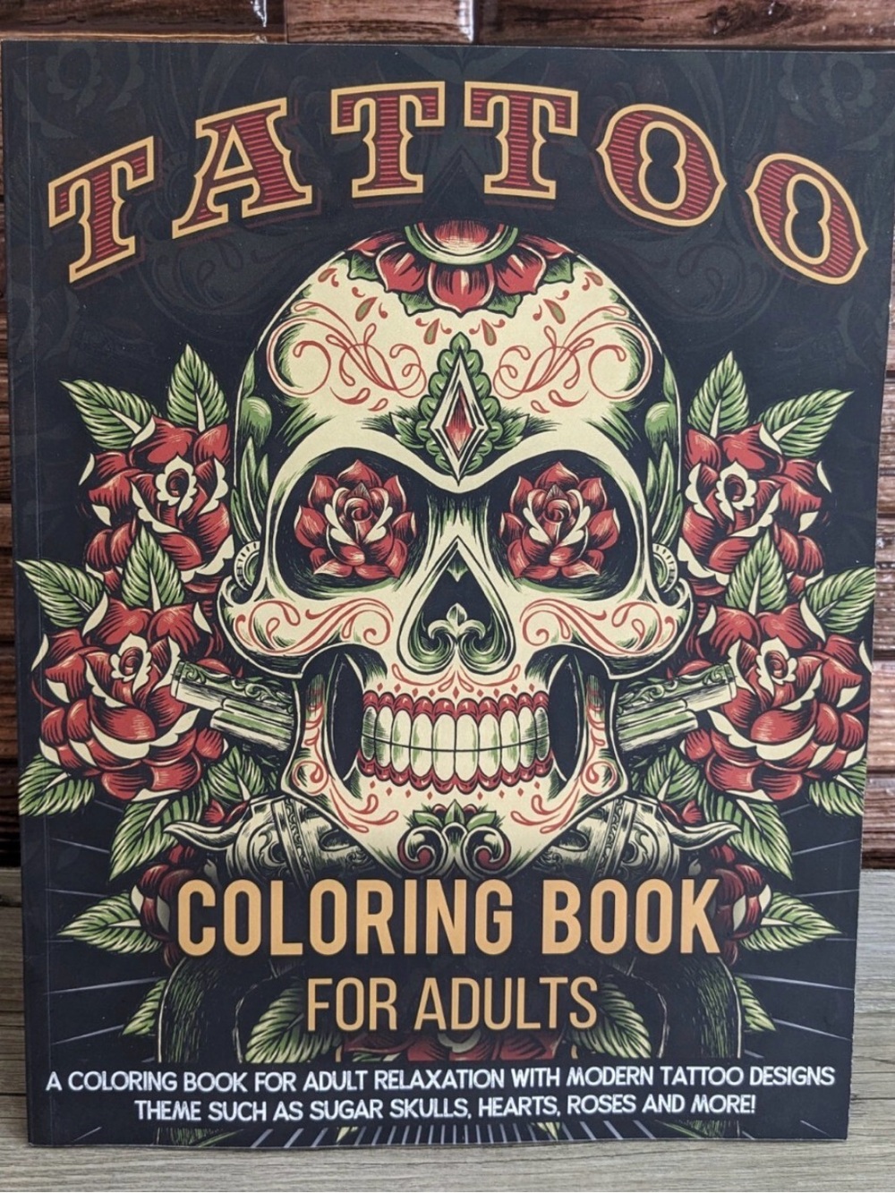 Tattoo Coloring Book for Adults - Sugar Skull Design, Red & Green